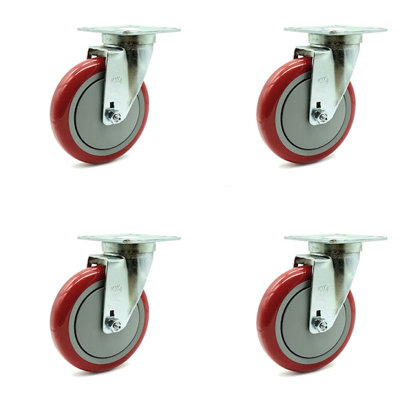 Universal Kitchen Casters - 5" Red Poly Wheel - 4 Swivel